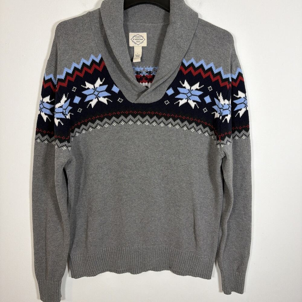 St Johns Bay Men Sweater Shawl Neck Gray Fair Isle Nordic Snowflake Large Cotton